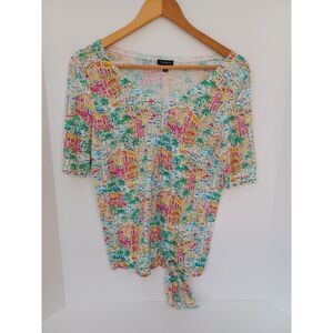 TALBOTS Women's XS Santorini Greece Print Cotton Top Short Sleeve V-Neck Tie Hem